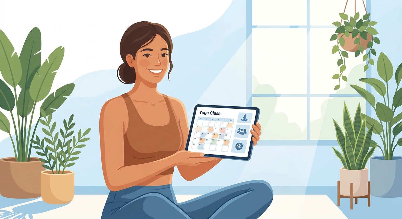 Instrutora de yoga usando Millbody para gerenciar comunidade e calendário