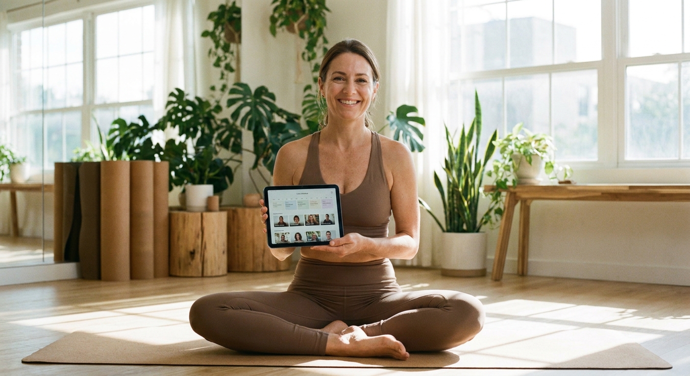Instrutora de yoga utilizando tablet para gerenciar aulas através de app para personal trainer de yoga.