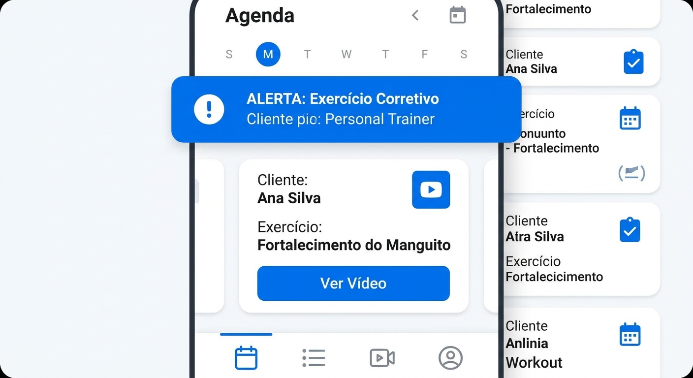 Interface do Personal Millbody mostrando agenda integrada e alerta de exercício corretivo para fisioterapeuta esportivo