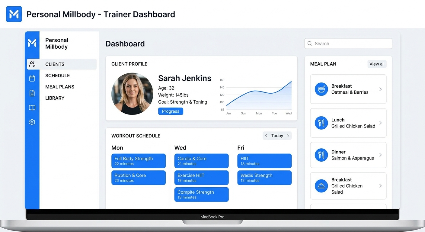 Interface da plataforma Personal Millbody, mostrando a gestão de clientes e treinos.