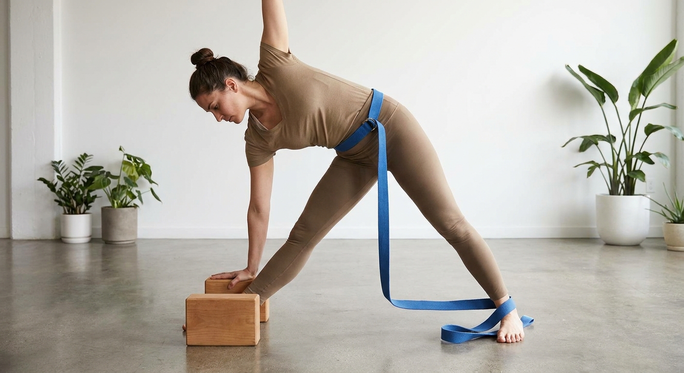 Praticante utilizando blocos de madeira para alinhamento perfeito no Iyengar Yoga, técnica terapêutica entre os tipos de yoga