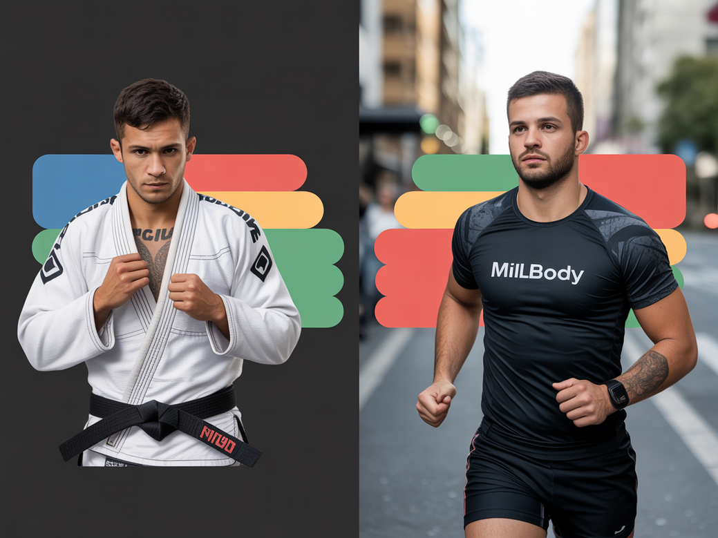 Um coach de corrida aplicando a filosofia do jiu-jitsu em seu treino, mostrando a união de mentalidade e esporte.