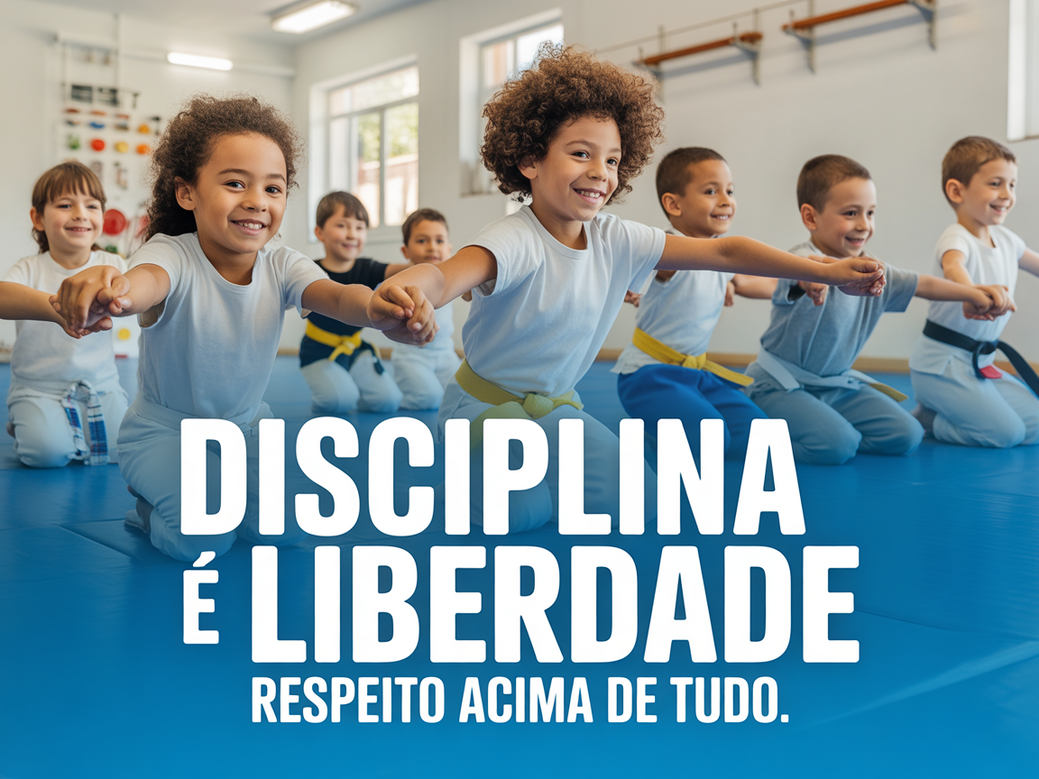 Colagem inspiracional com crianças praticando jiu jitsu na escola, com foco em frases motivacionais de jiu jitsu para disciplina e respeito.