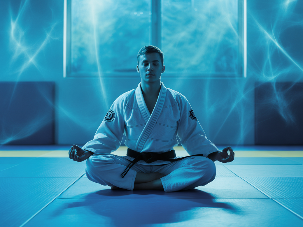 Pessoa em posição de meditação com elementos visuais do Jiu-Jitsu, representando a meditação em movimento e a união de corpo e mente.