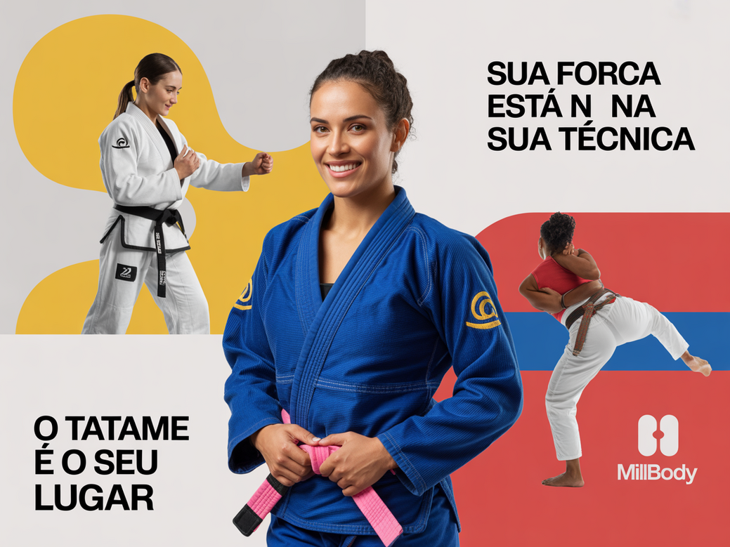 Montagem inspiradora com diversas mulheres praticando jiu jitsu, demonstrando força e técnica, com o logo da Personal Millbody.
