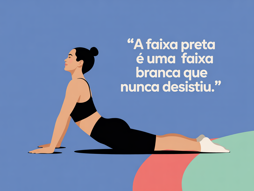 Citações de Jiu Jitsu e Pilates: Colagem inspiracional com pessoa praticando Pilates e citação de jiu-jitsu ao fundo.