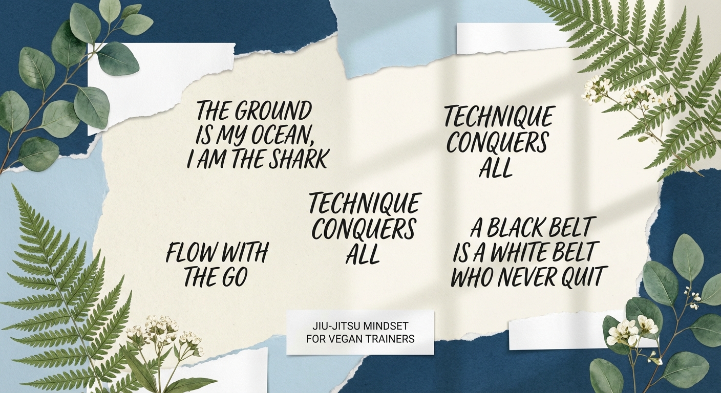 Frases inspiradoras de jiu jitsu com elementos naturais ao fundo, representando o lifestyle vegano e a carreira de personal trainer.