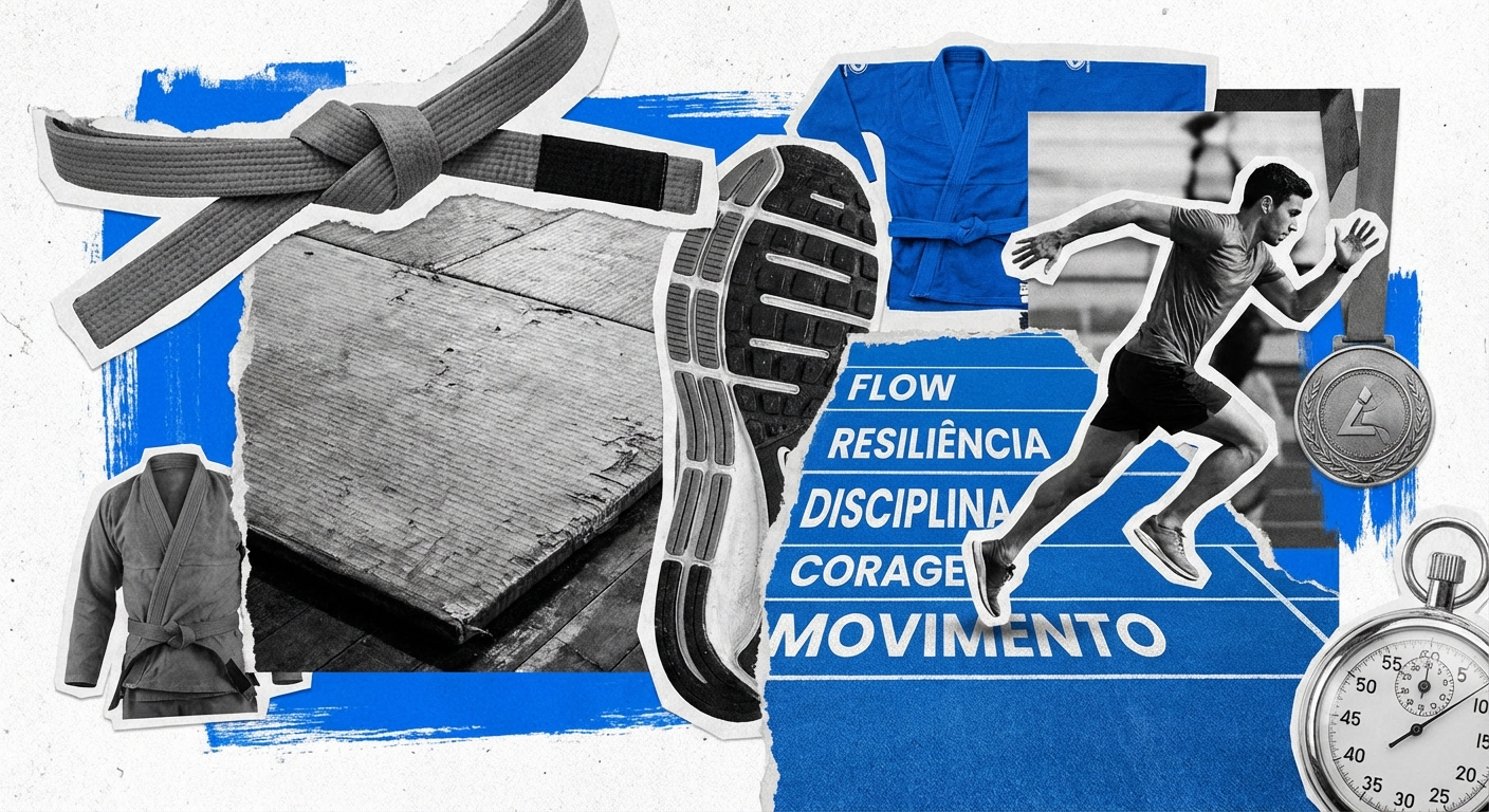 Atleta de corrida demonstrando postura de superação mental inspirada nas mensagens de jiu jitsu, representando resiliência e disciplina marcial