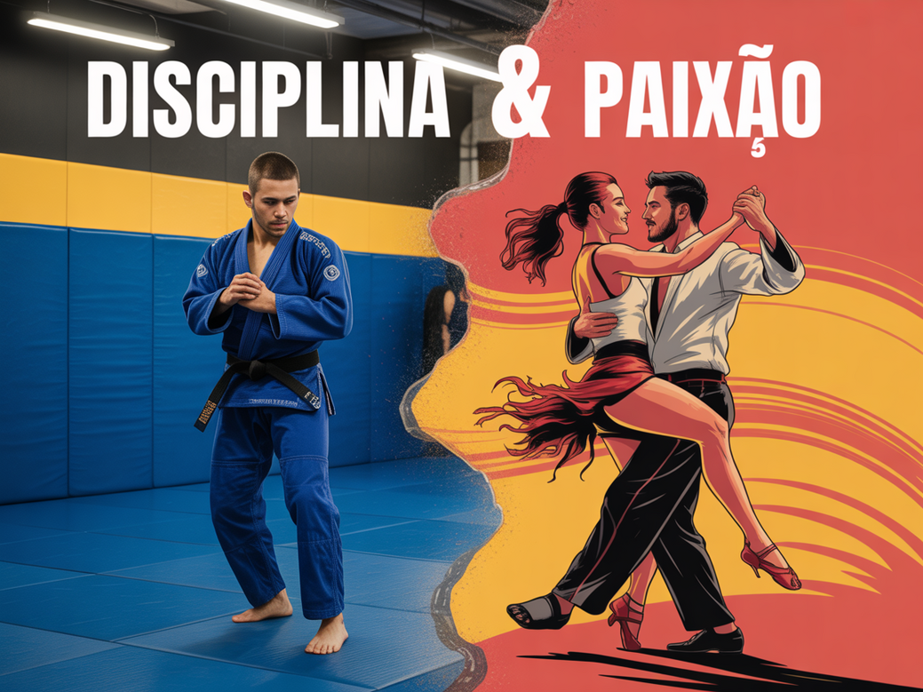 Montagem de um lutador de jiu-jitsu concentrado e um casal dançando salsa com paixão, simbolizando a união da filosofia do jiu-jitsu com a dança latina.
