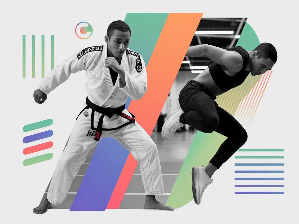 Colagem inspiradora com um dançarino de hip-hop e um lutador de jiu-jitsu, mostrando a conexão entre a filosofia do jiu-jitsu e a dança urbana.