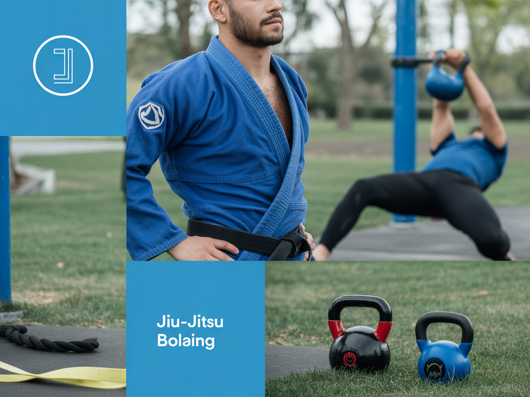 Montagem inspiradora com elementos do jiu-jitsu e treino funcional ao ar livre, com a cor azul predominante.