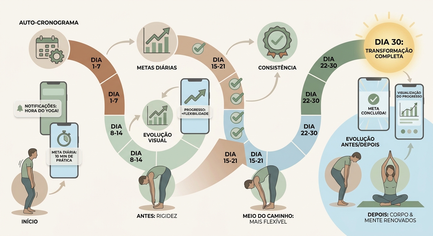 Infográfico da jornada do aluno em 30 dias com app de yoga