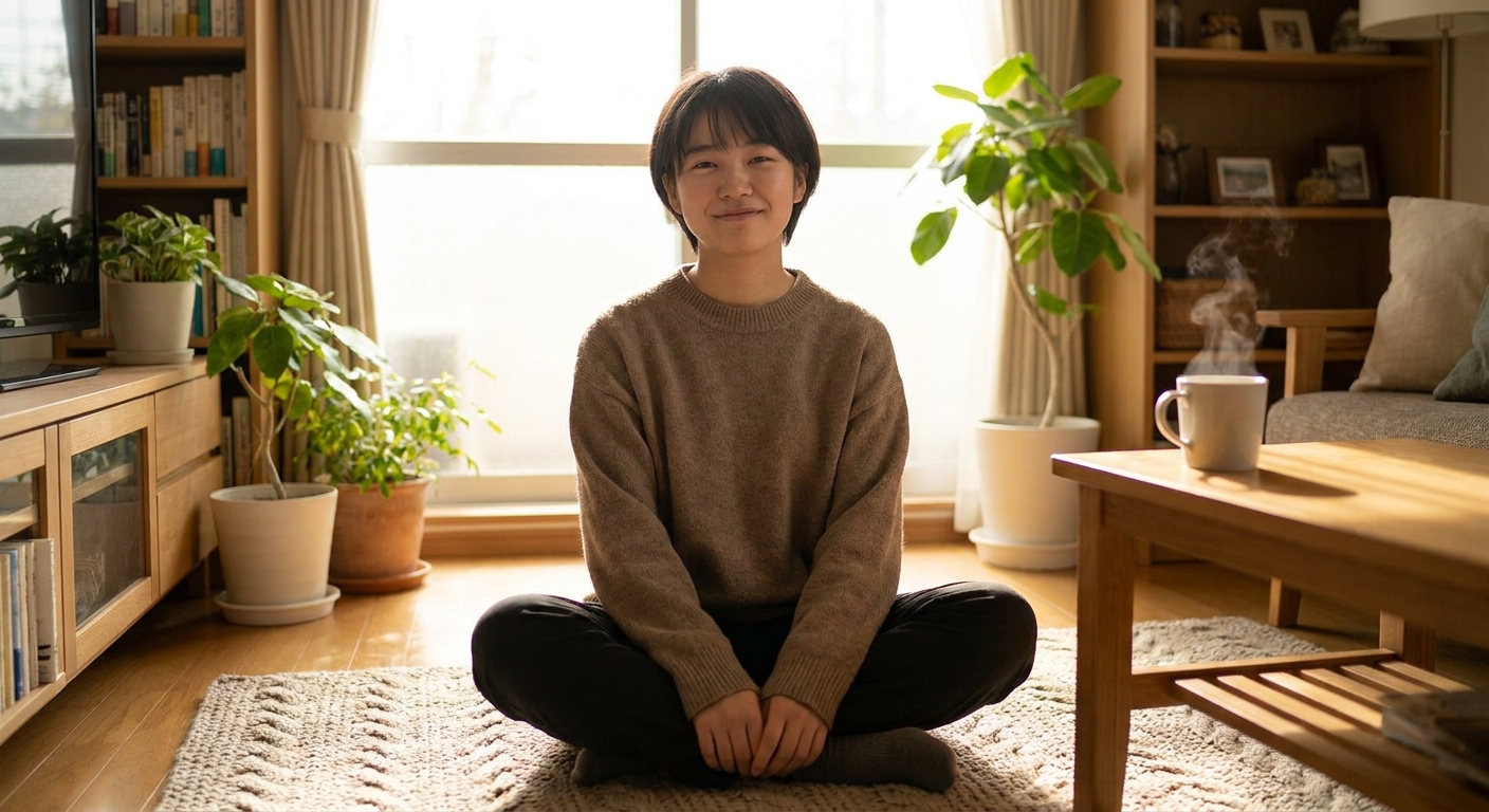 Jovem sorrindo após sessão de meditação guiada