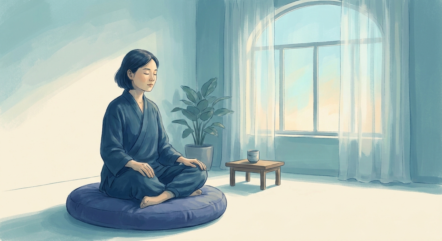 Jovem meditando em ambiente calmo com luz suave e tons azulados