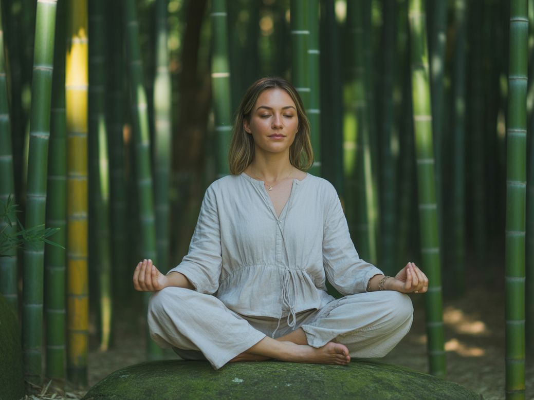 Jovem praticando meditação de forma confortável e relaxada