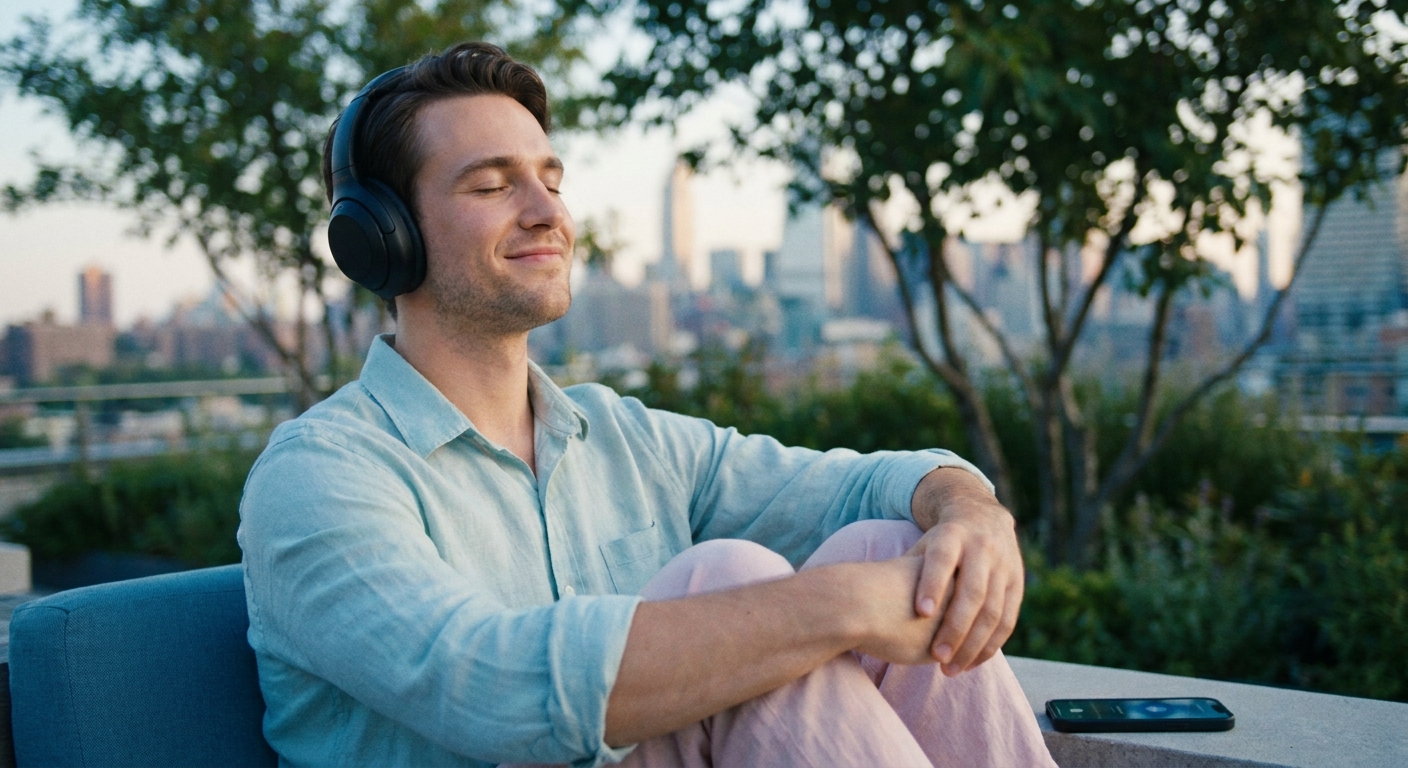Jovem meditando com o Vitalizen App para aliviar estresse e burnout