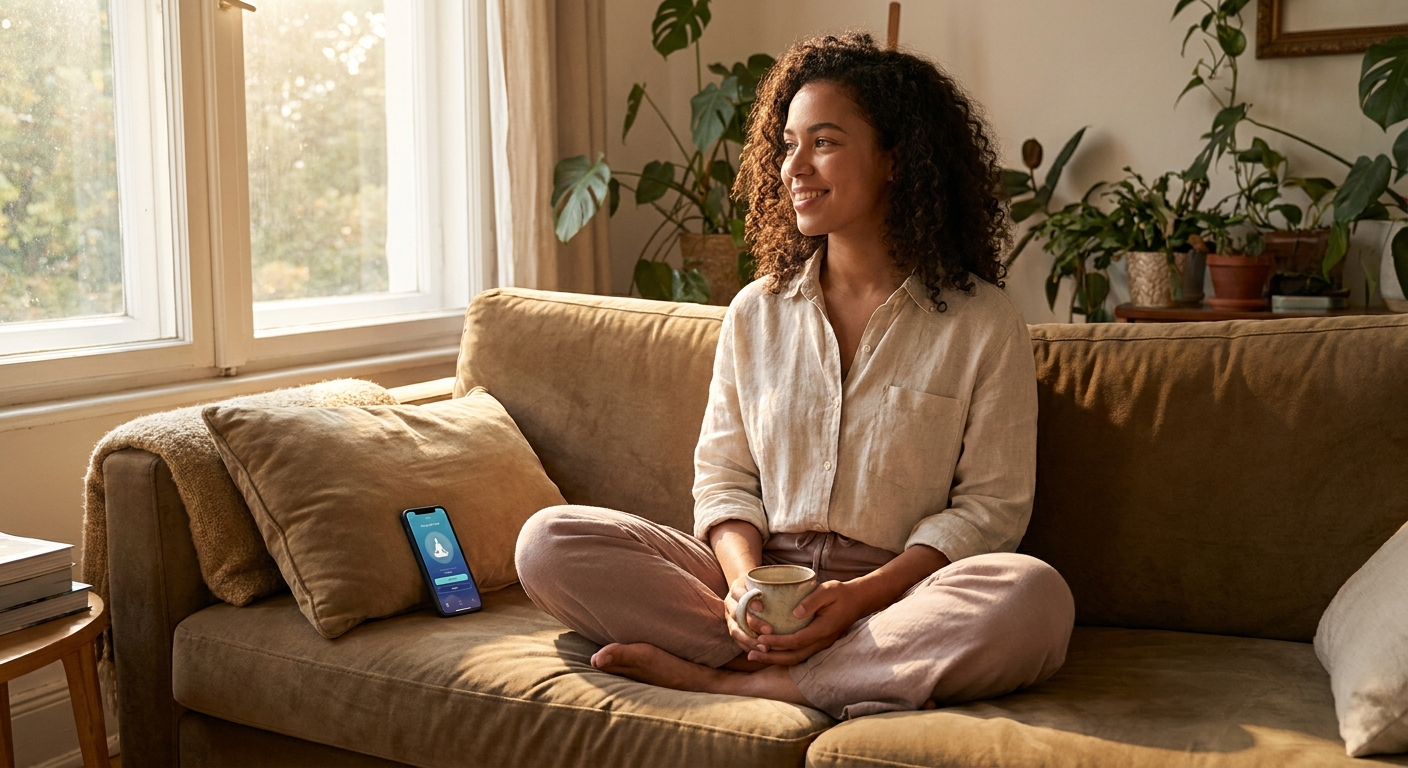 Jovem praticando yoga em casa com o app Vitalizen