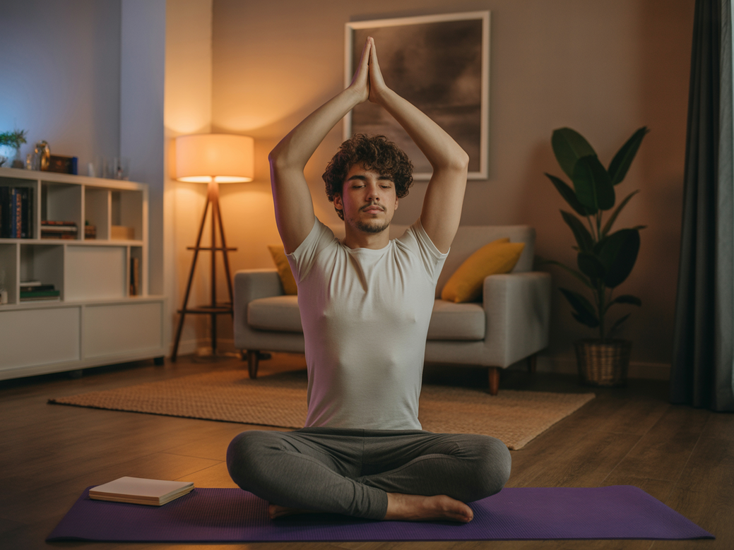 Jovem mulher praticando yoga para iniciantes em casa, demonstrando bem-estar e combate ao estresse.