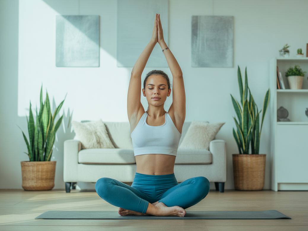Jovem mulher praticando yoga em um ambiente calmo, usando o melhor app de yoga e meditação de 2026, o Vitalizen.
