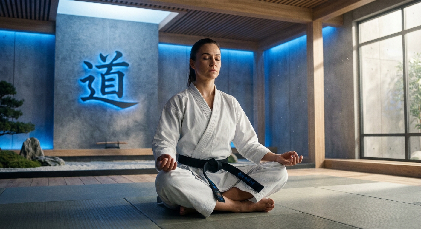 Mulher praticando karatê em kimono branco, demonstrando força e concentração