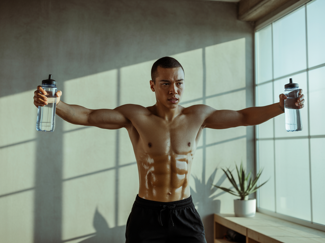 Pessoa usando garrafas de água para realizar elevação lateral, um ótimo exercício para deltoides.