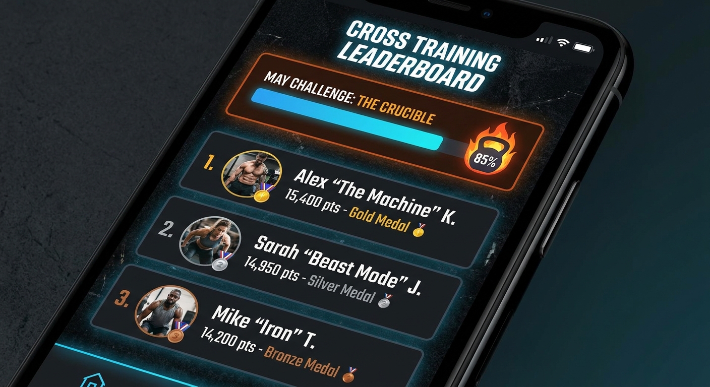 Tela do app mostrando leaderboard e desafio diário de cross training