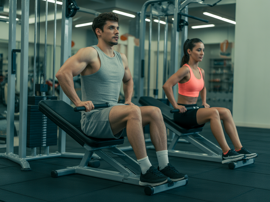 Woman performing the leg press exercise with correct posture in a gym.