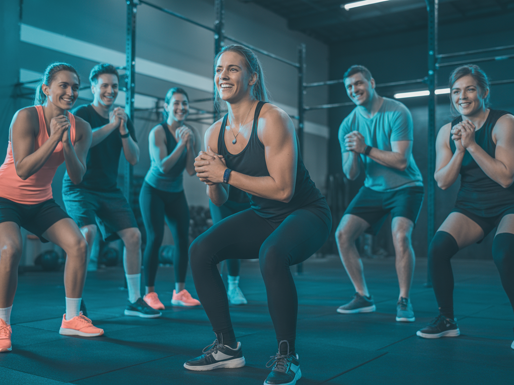 Instrutor de CrossFit atuando como líder de equipe crossfit, motivando um grupo de alunos em um box.