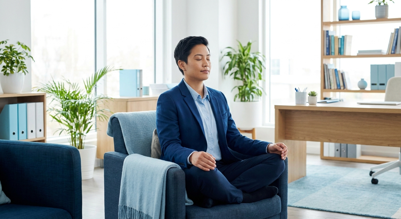 Líder sentado em posição de meditação em escritório moderno, com luz natural