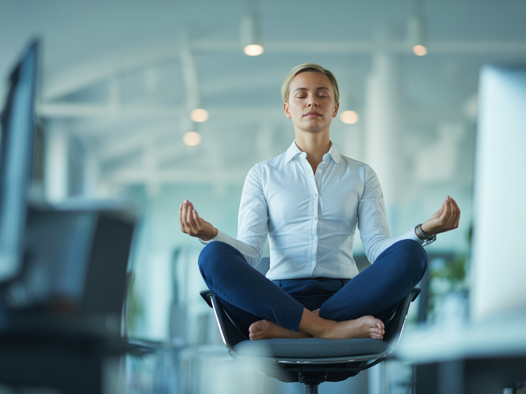 Líder meditando em um escritório moderno, simbolizando a fusão entre liderança consciente e a filosofia do yoga.