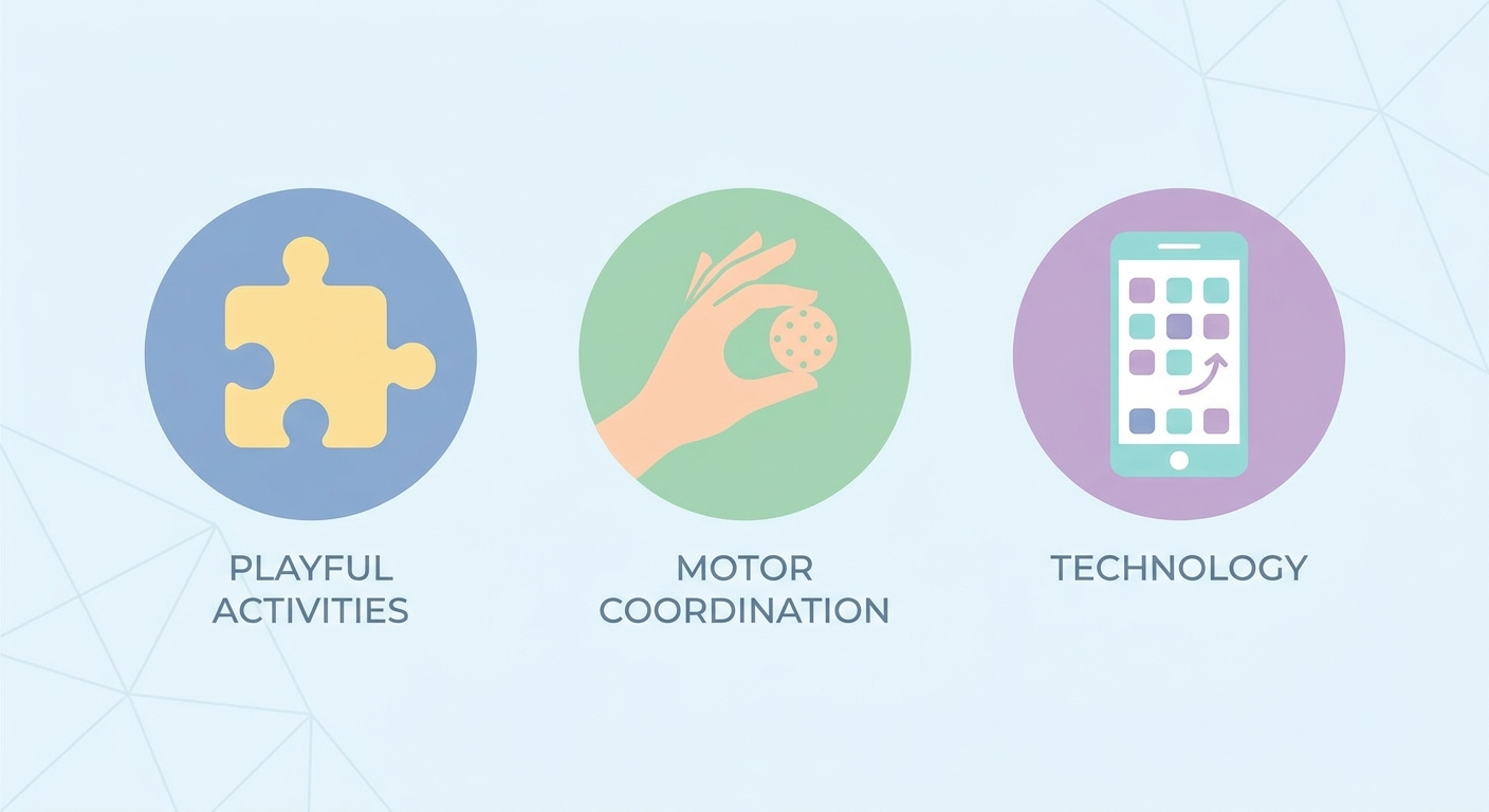 Infográfico com três ícones representando atividades lúdicas, coordenação motora e tecnologia para educação física inclusiva