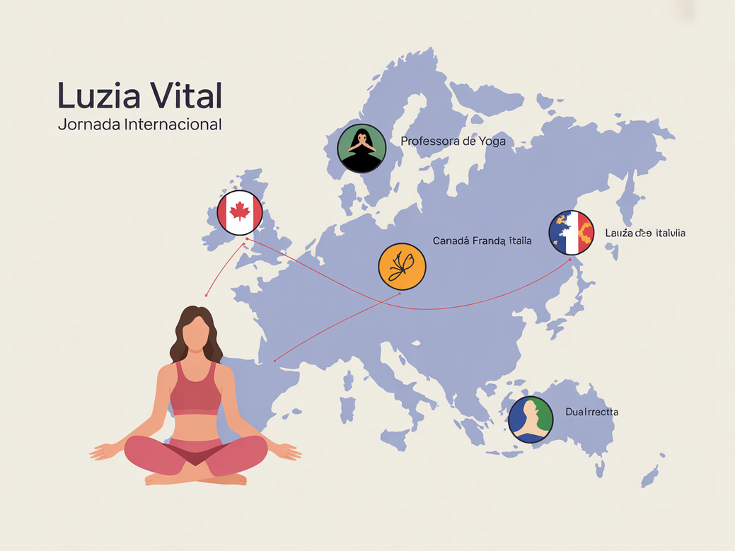 Infográfico da trajetória internacional de Luzia Vital, mostrando os países onde ensinou yoga para casais.