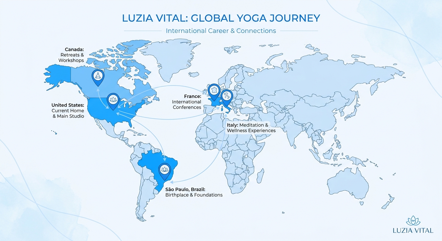 Mapa da carreira internacional de Luzia Vital — Estados Unidos, Canadá, França e Itália
