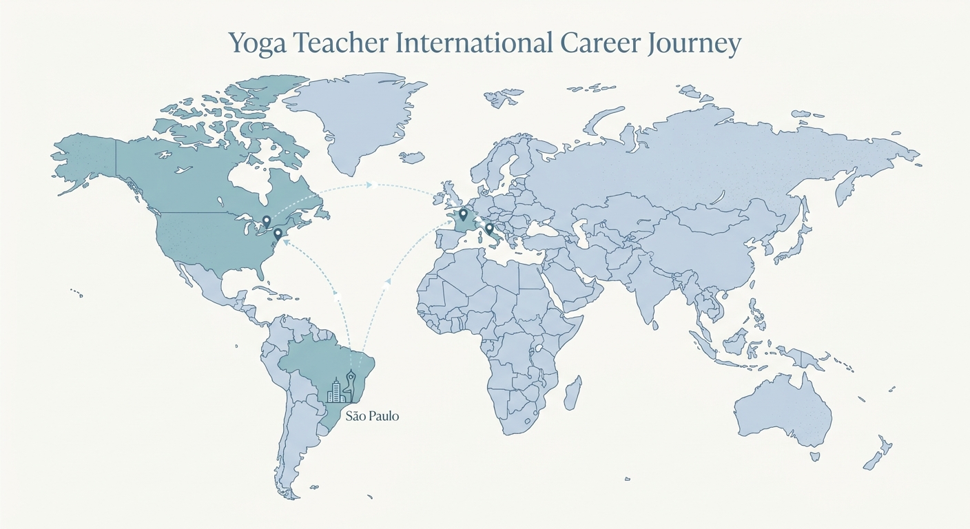 Mapa internacional de Luzia Vital mostrando o caminho de especialização em yoga para dor crônica