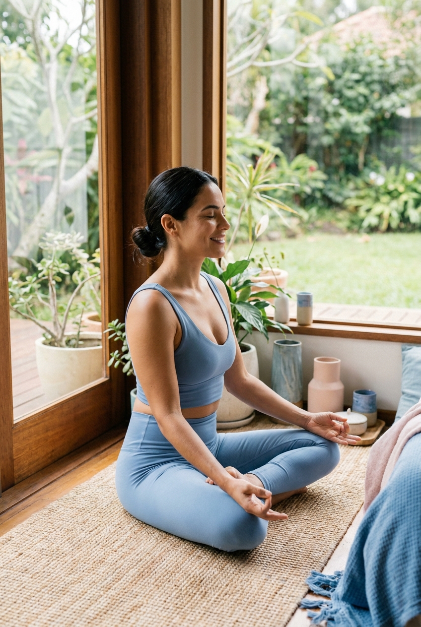 Luzia Vital em postura de meditação, inspirada pela sua experiência internacional em yoga