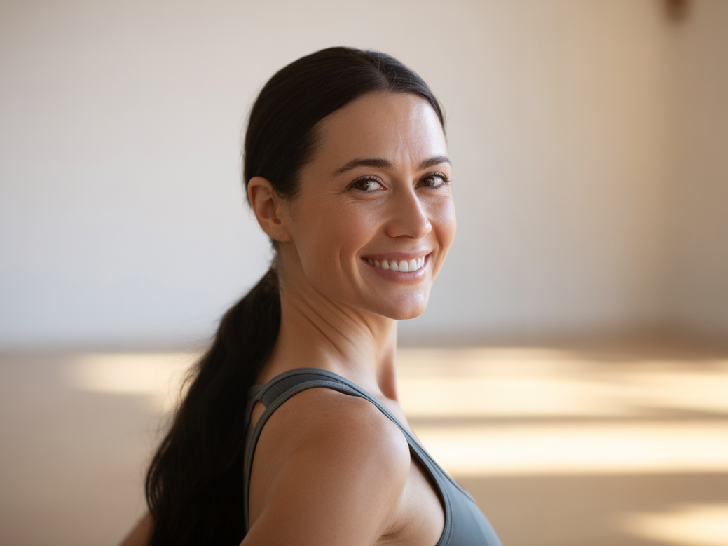 Luzia, co-founder of Vitalizen, using the app for a yoga for stress relief session.