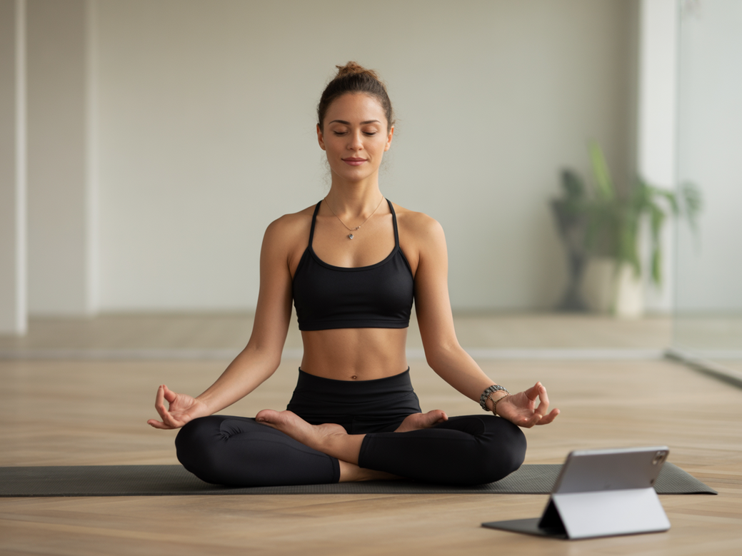 Luzia, co-fundadora do Vitalizen App, praticando yoga para empreendedoras em um ambiente tranquilo