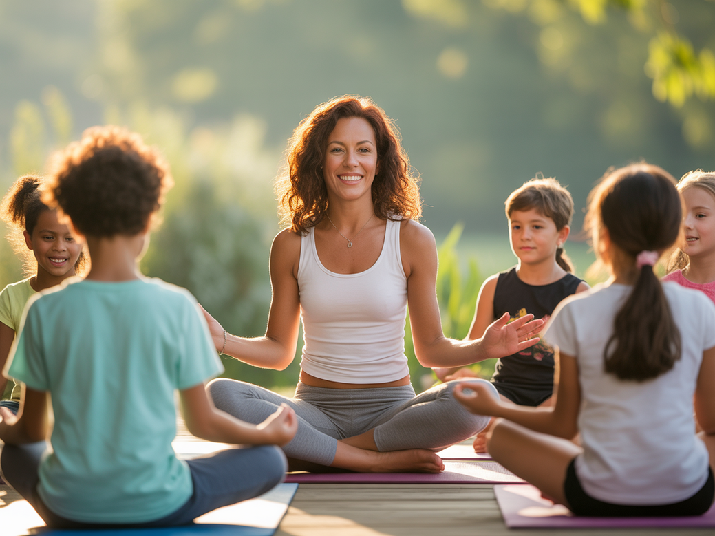 Yoga for kids expert Luzia leads a class of children and teens in a sunlit, natural setting, demonstrating the joy of youth wellness.