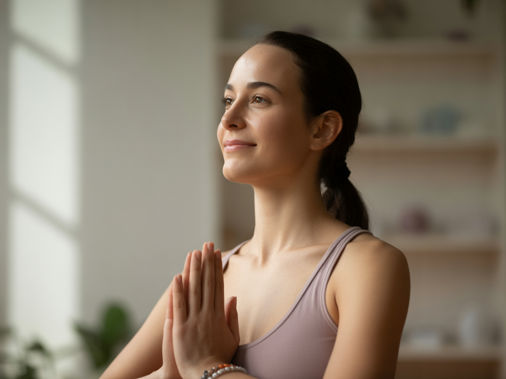 Luzia, an international yoga teacher specializing in yoga for depression, smiling serenely.