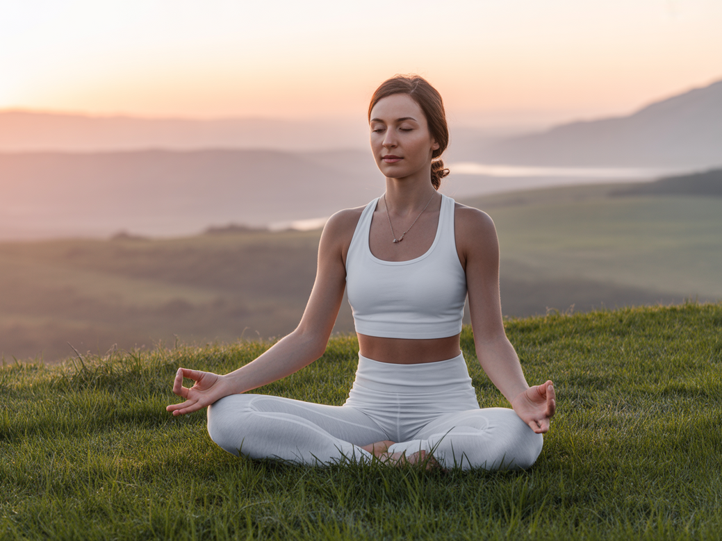 Luzia, co-founder of Vitalizen, a meditation support app, in a peaceful meditation pose outdoors.