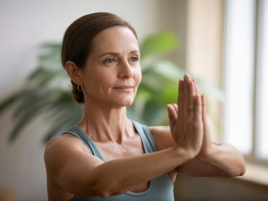 Luzia, a prenatal and postpartum yoga expert, demonstrating a safe yoga pose for mothers