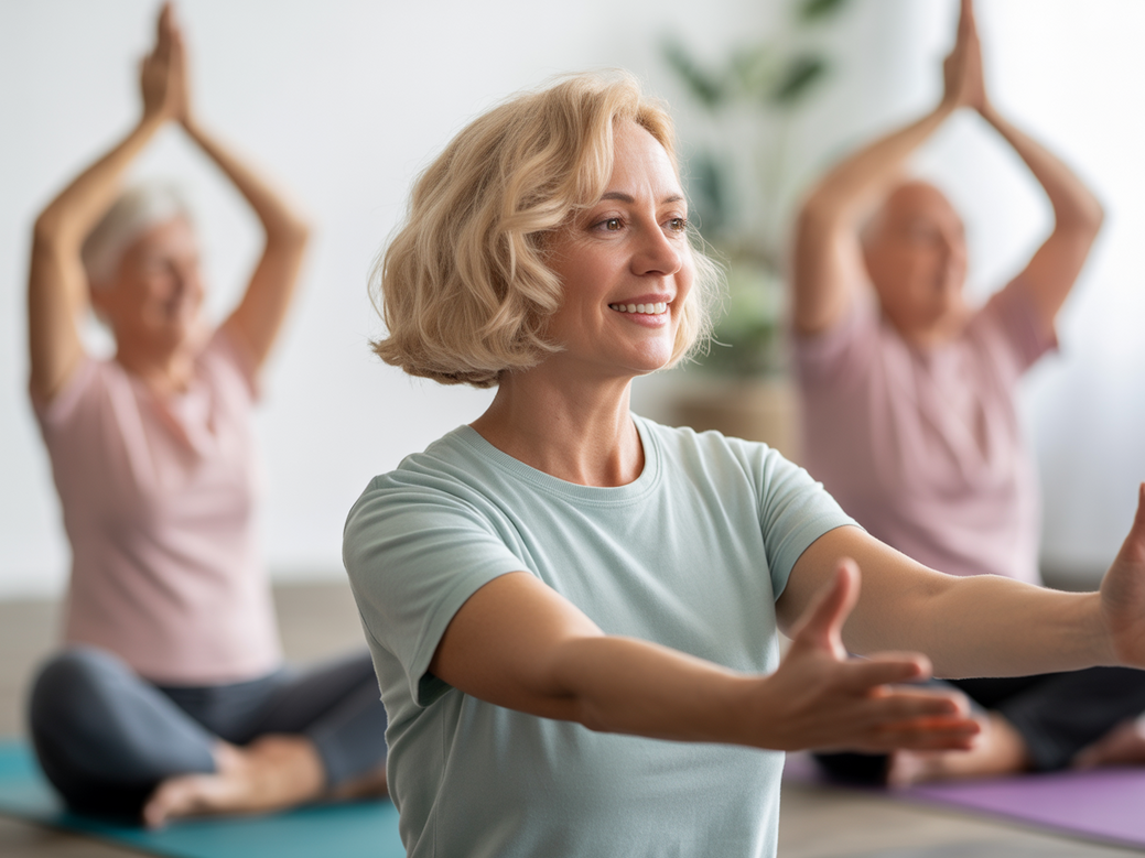 An instructor leading a session of yoga for seniors, demonstrating a gentle pose.