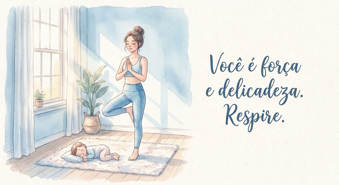 Mulher em posição de yoga ao lado da filha dormindo, ilustração em tons azuis suaves com a frase: Você é força e delicadeza. Respire.