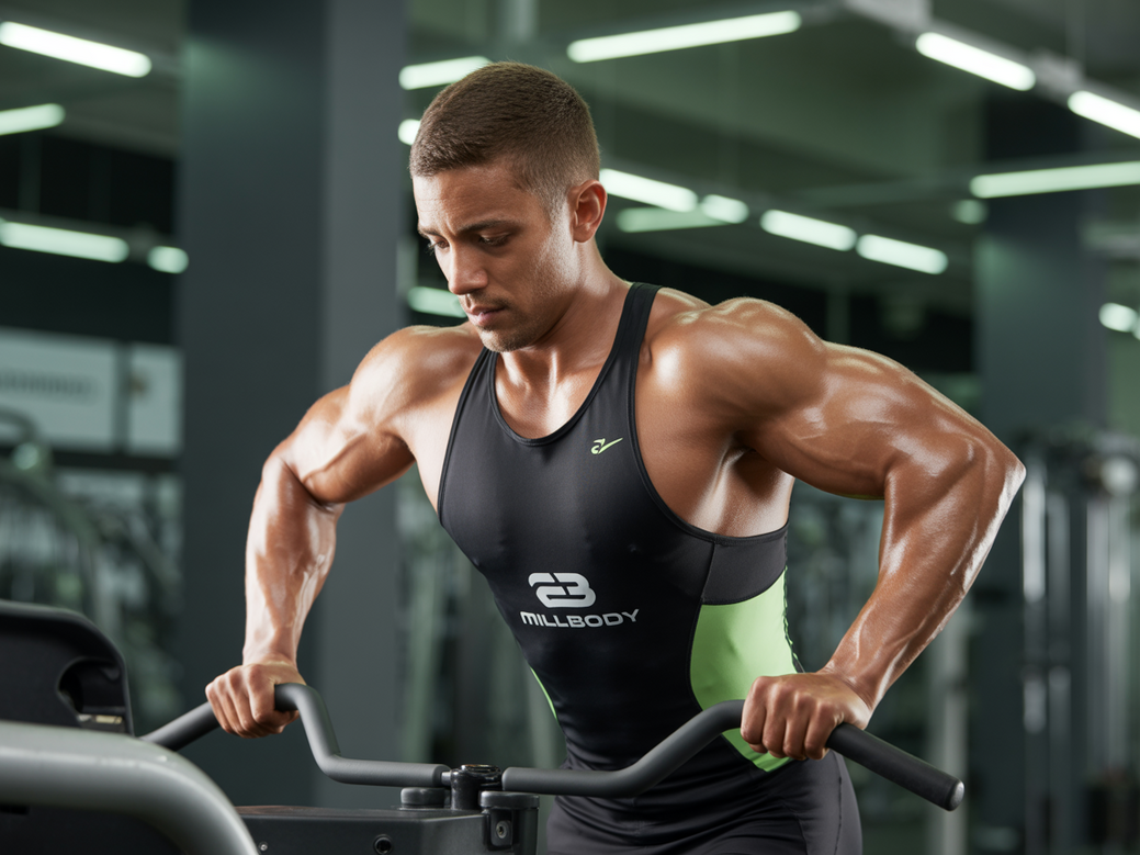 Atleta de triathlon usando máquina para ombro para fortalecimento e prevenção de lesões.