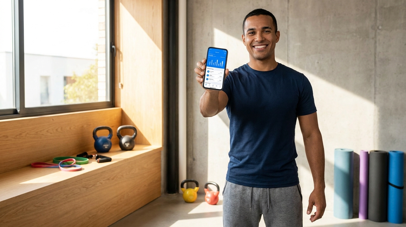 Instrutor de treino em casa sorrindo ao lado do celular com o app Personal Millbody aberto, mostrando gestão de agenda e alunos