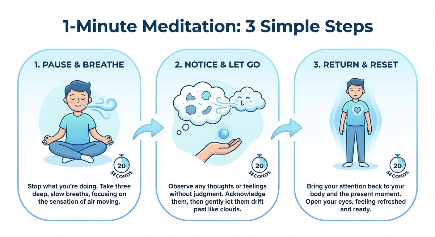 Infográfico com 3 passos simples para meditar em 1 minuto: inspire, segure, expire — meditação para adolescentes