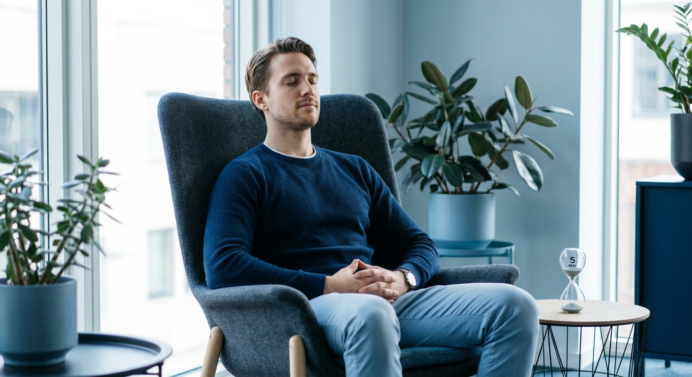 Jovem meditando por 5 minutos em pausa no trabalho, como meditar para aliviar estresse