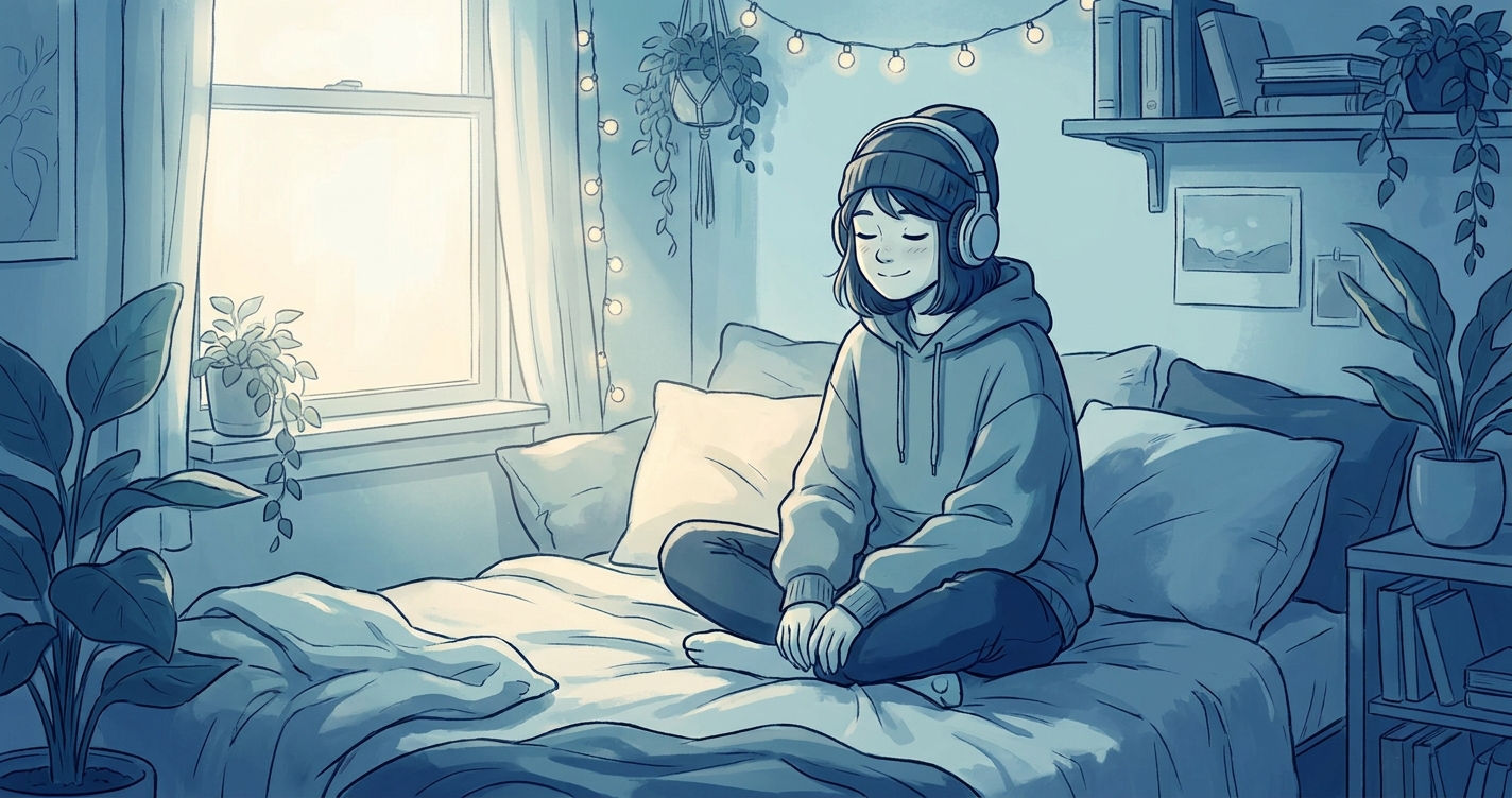 Adolescente meditando no quarto com fones de ouvido, luz natural e sorriso leve — meditação para adolescentes