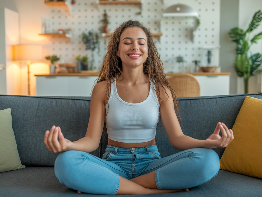 Jovem mulher praticando meditação em casa para aliviar o estresse, conforme explicado no dicionário da meditação