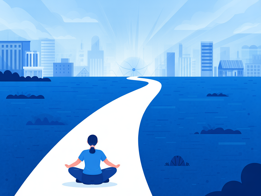 Pessoa meditando em uma encruzilhada de carreira, uma representação visual da meditação para decisões trazendo clareza.